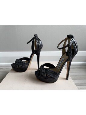 NEW Jimmy Choo Greta 150 Grey Python Ankle Strap Platform Sandals 37.5